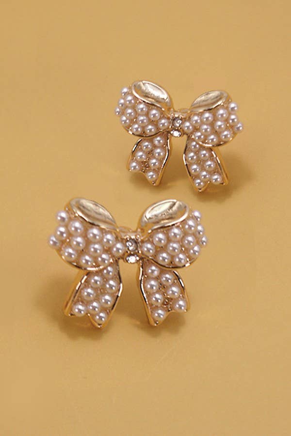 Mini Pearly Bow Ribbon Gold Earrings