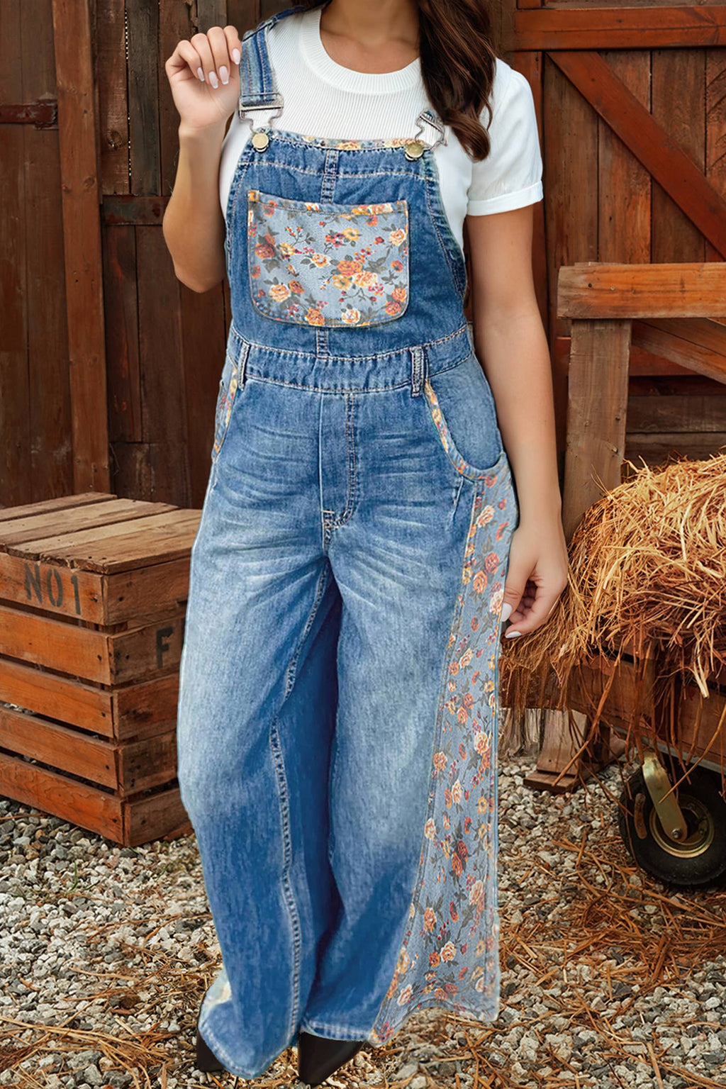 Floral Patchwork Denim Overalls