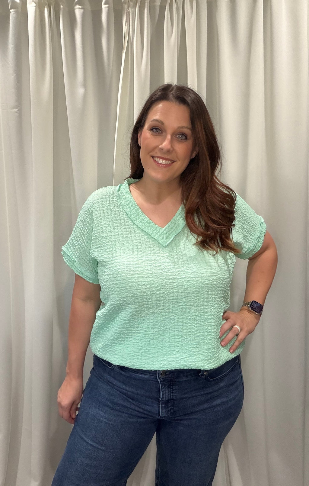 Mint V-Neck Short Sleeve Top (Plus Size Available)