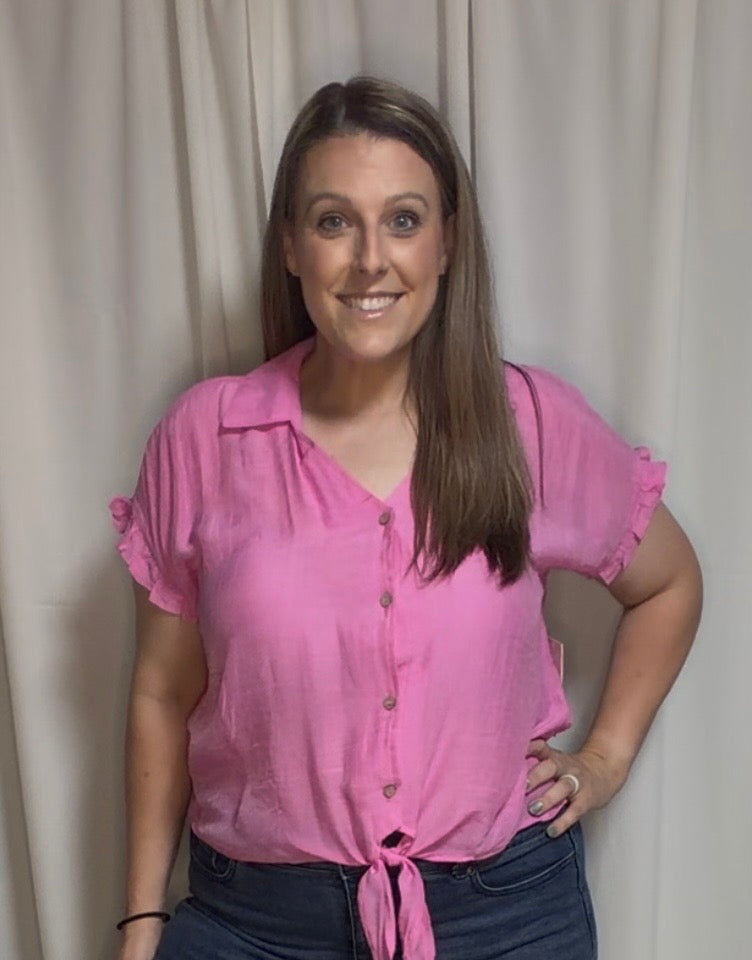 SOFT WHISPER RUFFLE TIE FRONT TOP