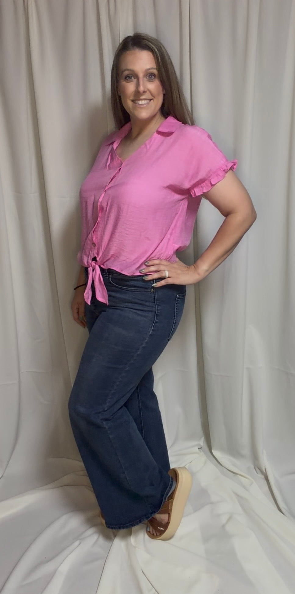 SOFT WHISPER RUFFLE TIE FRONT TOP