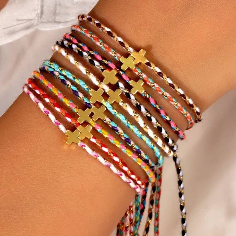 18K Stainless Steel Corded Cross Charm Bracelet
