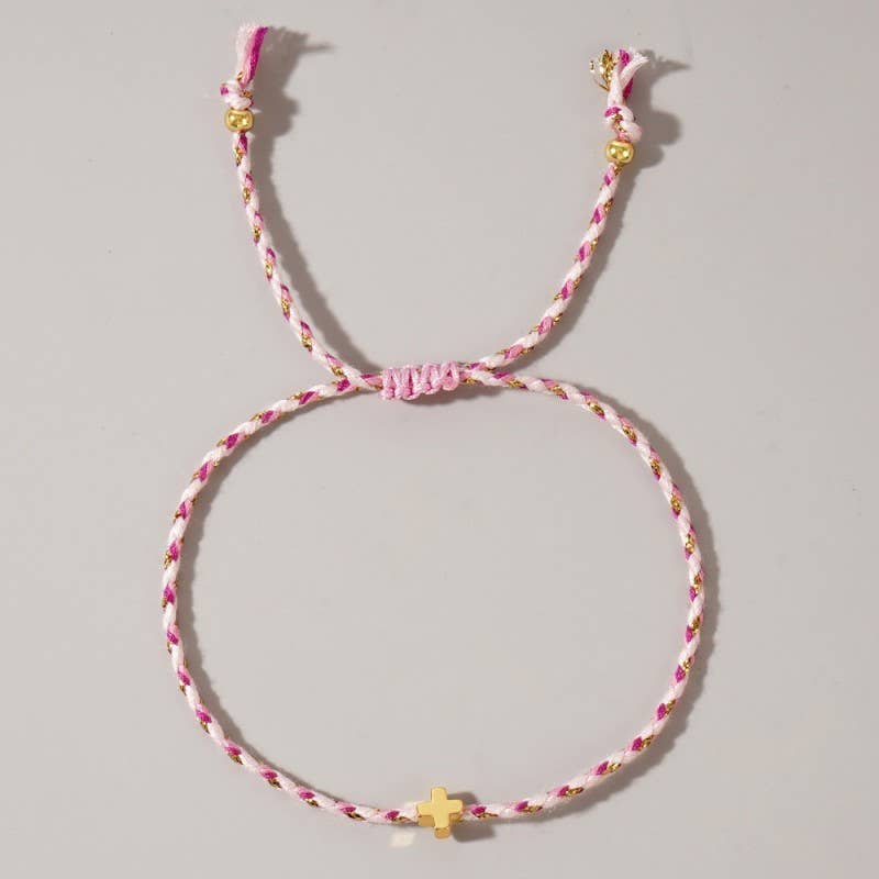 18K Stainless Steel Corded Cross Charm Bracelet